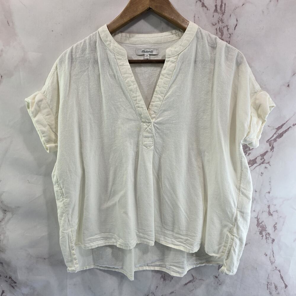 Madewell Shirt Womens XXS Off White Blouse Short Cuffed Boxy V Notch Hi Low
